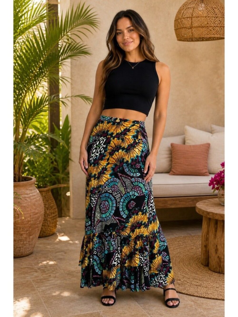 Bisou Bisou Multicolor Floral & Geometric Maxi Skirt Ladies Small Stretchy TIER